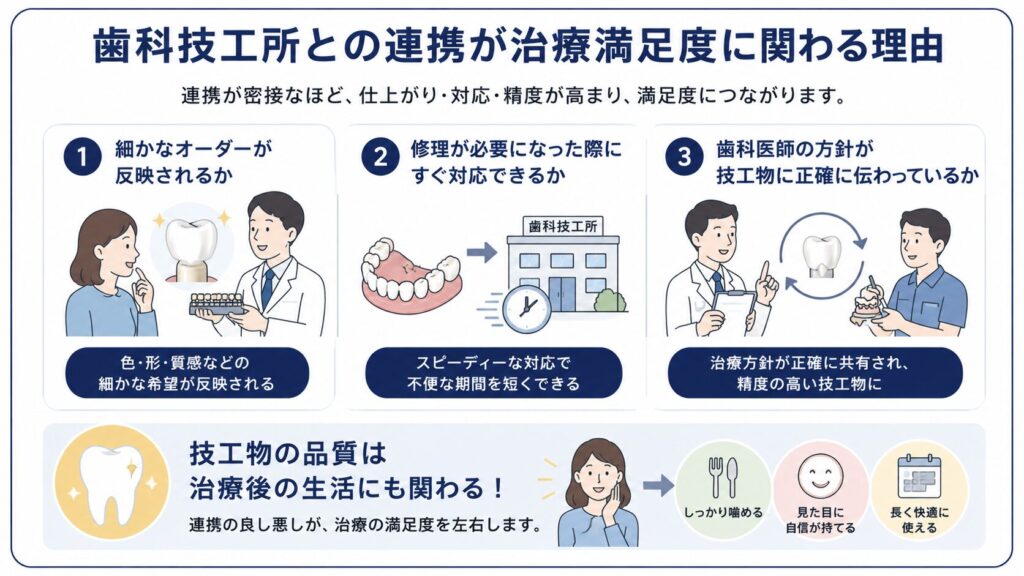 歯科技工所との連携が治療満足度につながる理由を示した図解