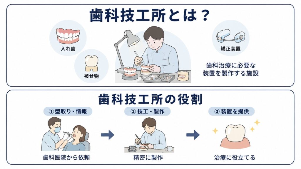 歯科技工所が入れ歯や被せ物を製作する施設と示した図解