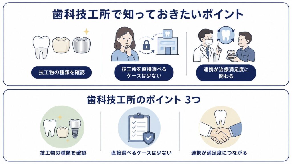 歯科技工所で確認したいポイントを3つで示した図解