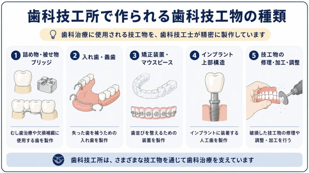 歯科技工所で作られる主な歯科技工物を示した図解