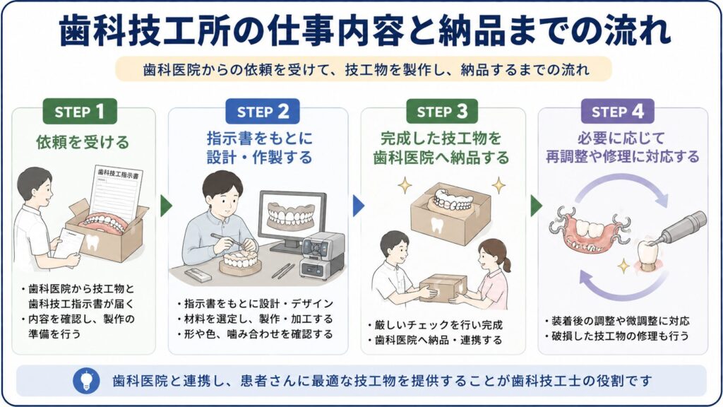 歯科技工所の仕事内容と納品までの流れを示した図解