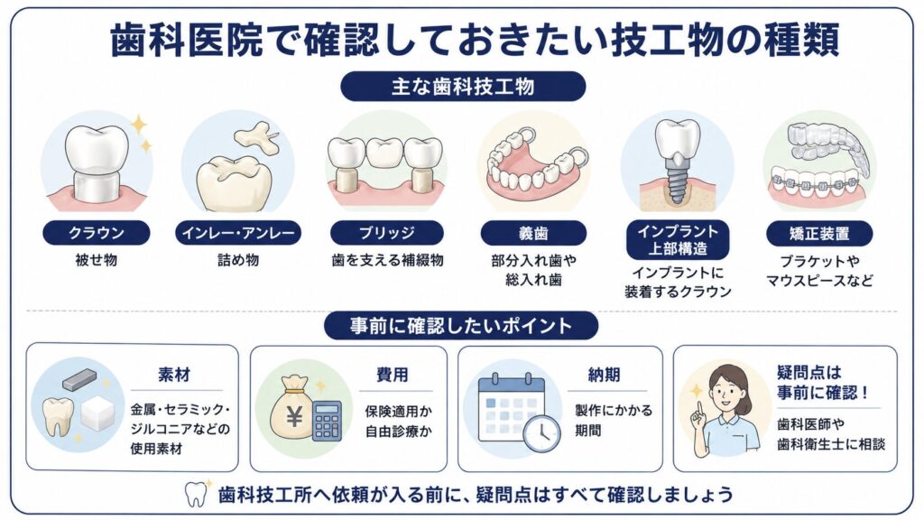 歯科医院で確認したい主な歯科技工物を示した図解