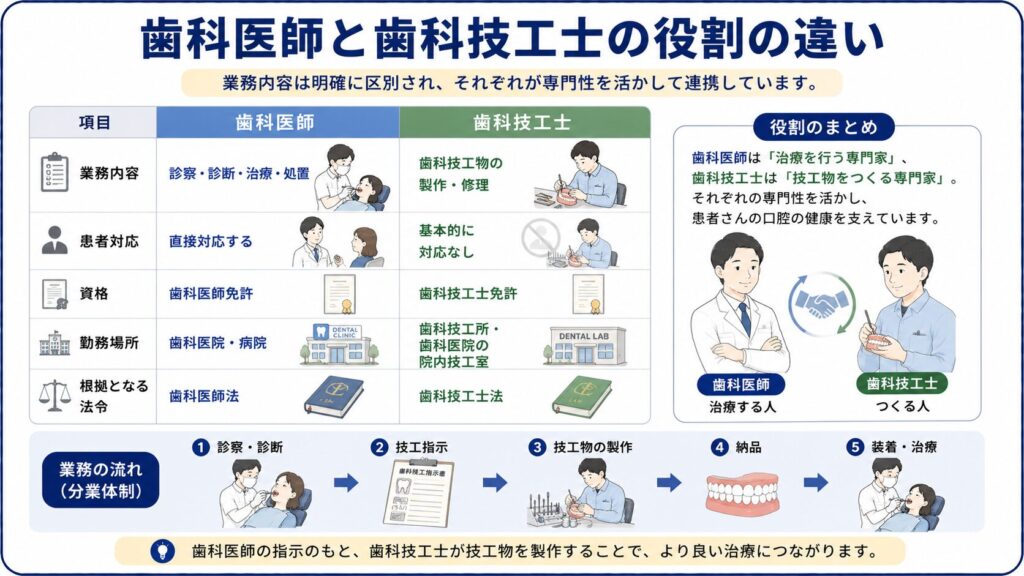 歯科医師と歯科技工士の役割の違いを比較した図解
