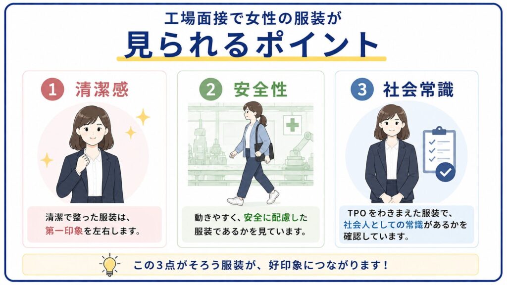 工場面接で見られる服装のポイントを示した図解