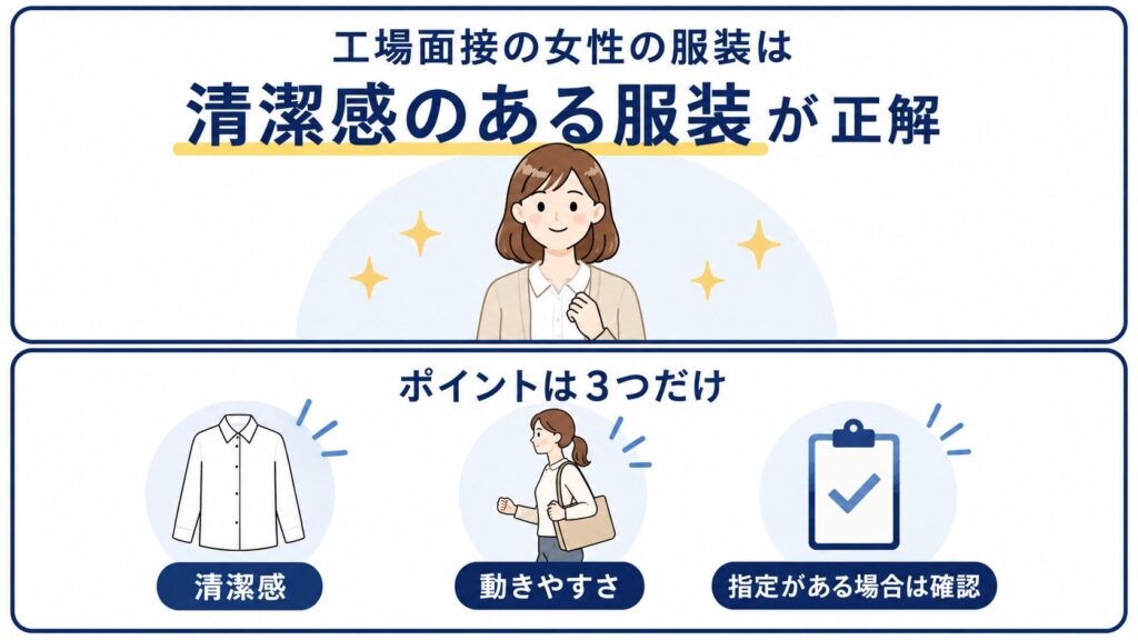 工場面接の女性服装のポイントを簡潔に示した図解