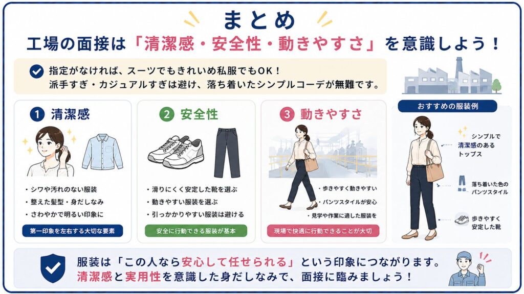 工場面接で意識したい服装ポイントをまとめた図解