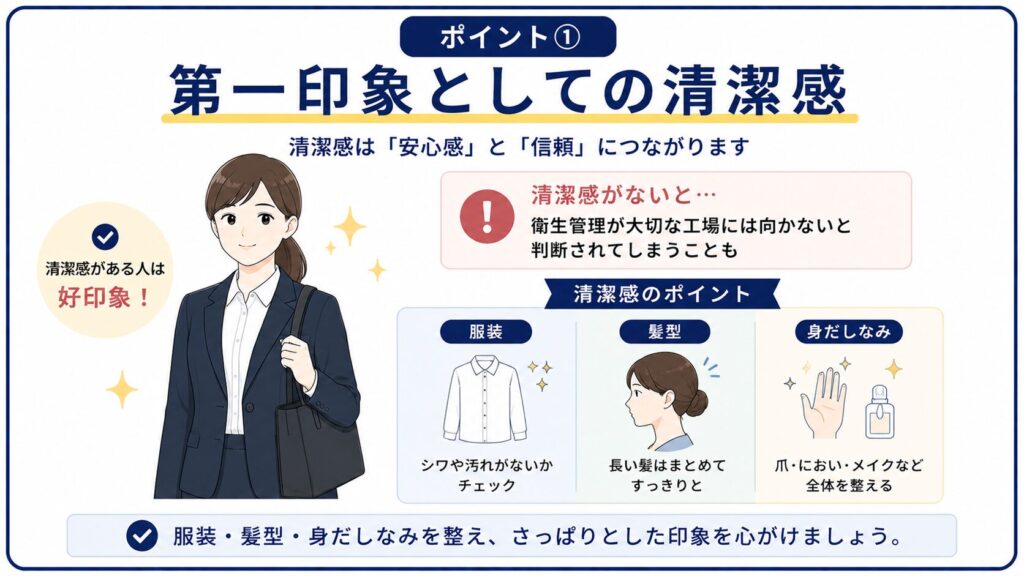 工場面接で清潔感のある身だしなみを示した図解