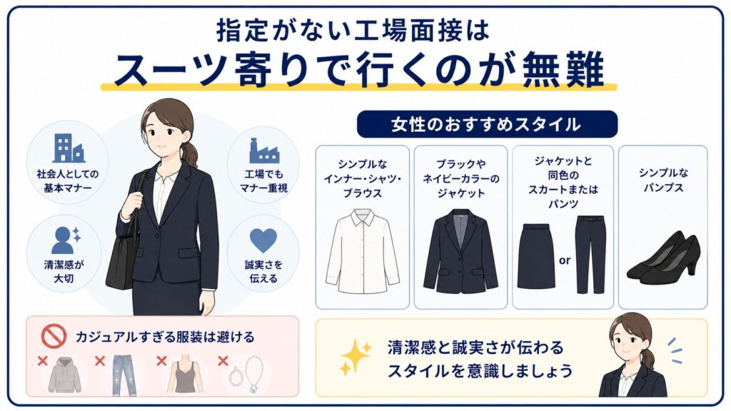 工場面接でおすすめの女性の服装を示した図解