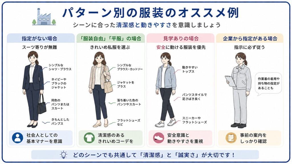 工場面接のパターン別おすすめ服装をまとめた図解