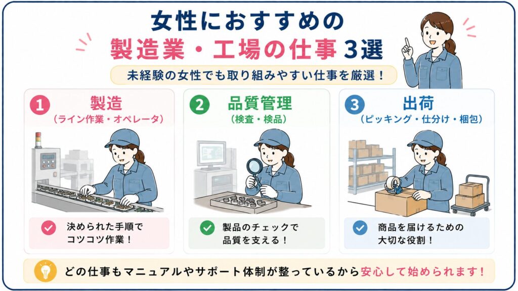 未経験女性でも始めやすい工場の仕事を示した図解