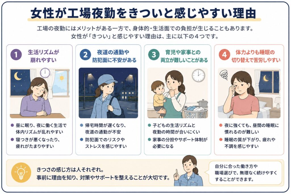 工場夜勤で女性が感じやすい生活面や睡眠面の負担をまとめた図解