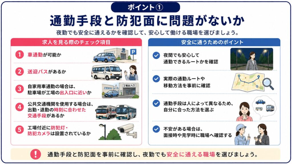 女性が工場夜勤の通勤安全や防犯対策を確認するポイントをまとめた図解