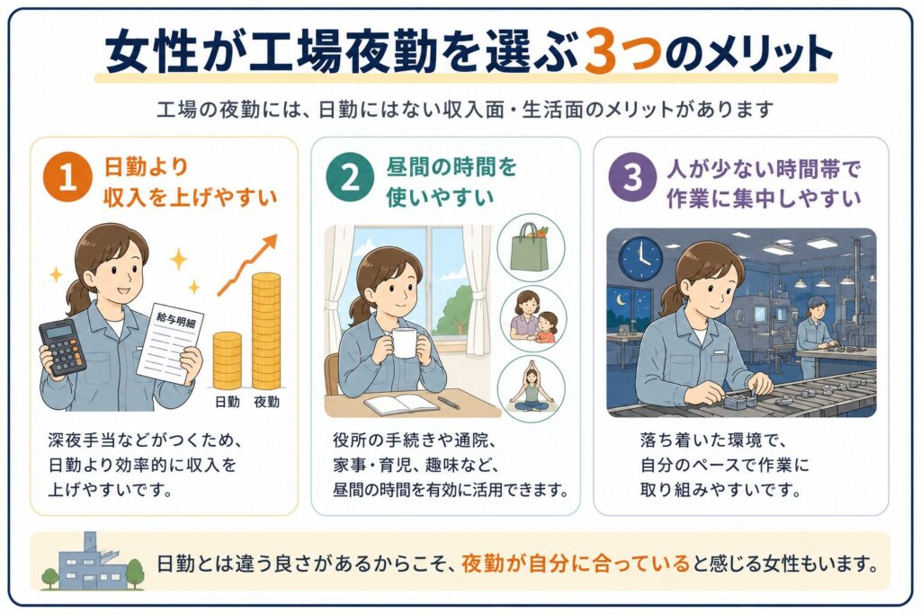 女性向けに工場夜勤の3つのメリットを整理した図解