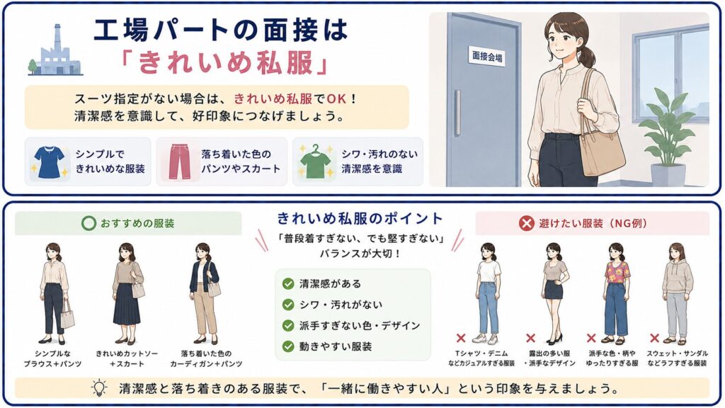 工場パート面接に適したきれいめ私服を示した図解