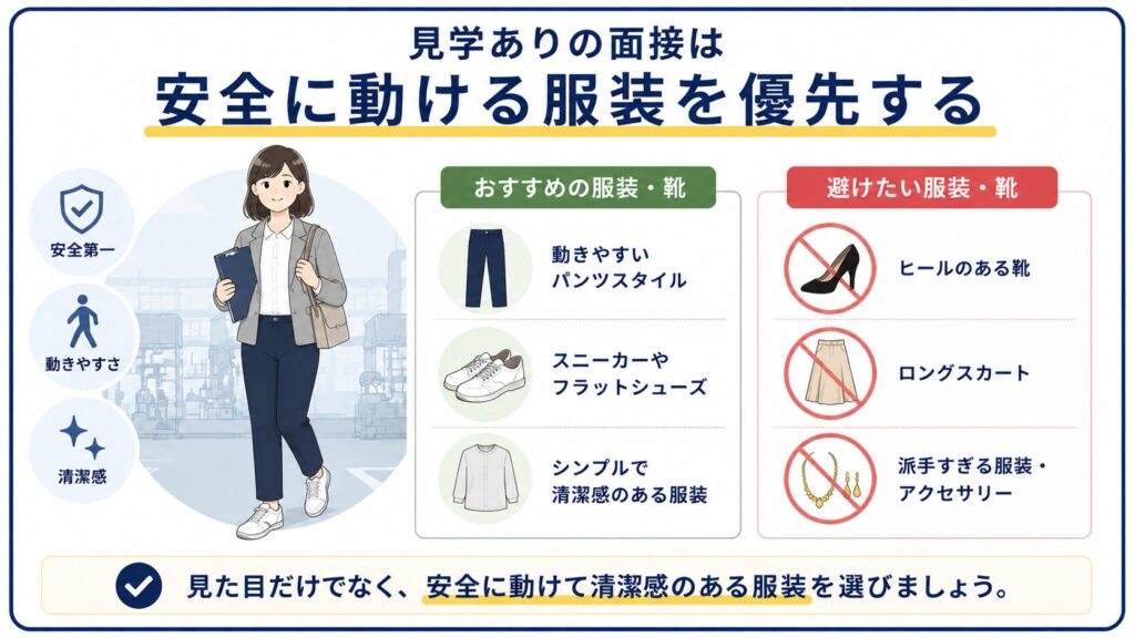工場見学付き面接で避けたい服装とおすすめ服装を示した図解