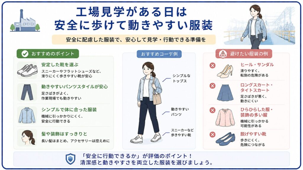 工場見学がある日の安全で動きやすい服装を示した図解