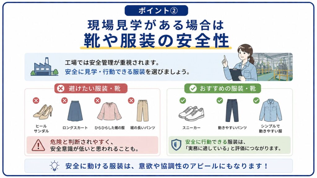 工場見学あり面接で安全性が重視される服装を示した図解