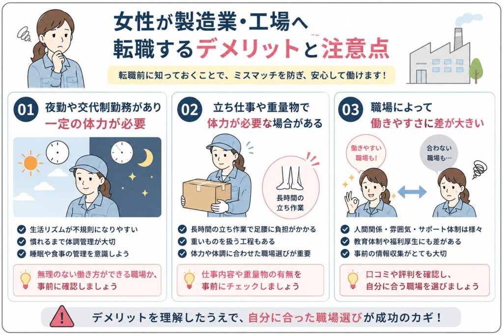 女性が工場勤務へ転職する際の注意点を示した図解