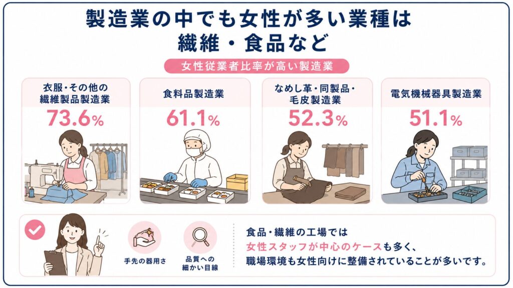 食品や繊維業界で女性が多い理由を示した図解