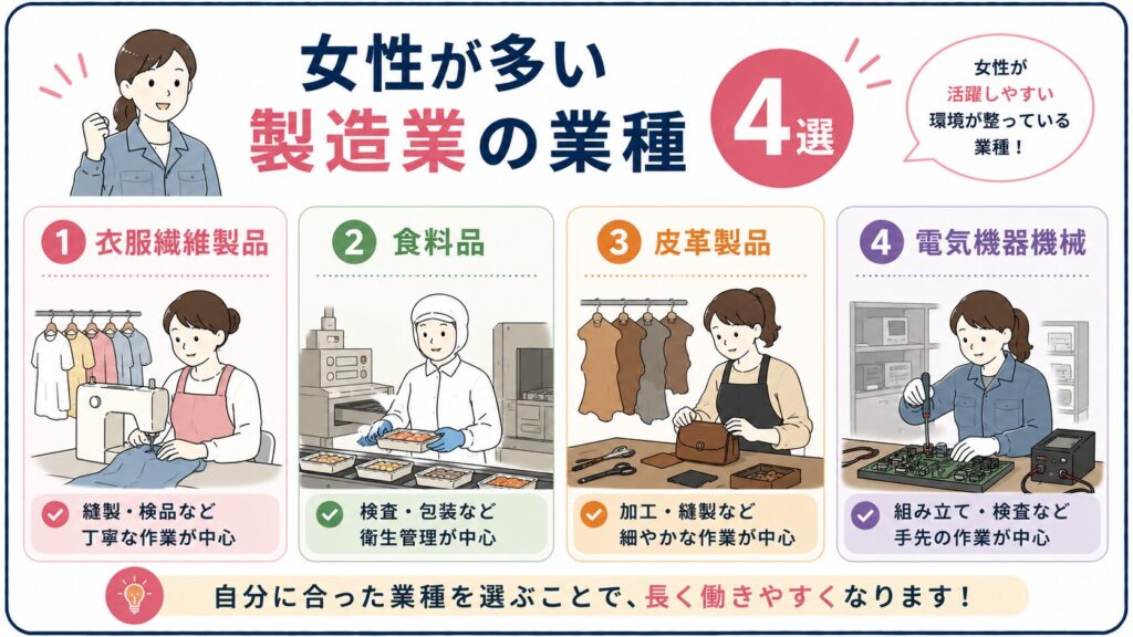 女性が多い製造業の業種をまとめた図解