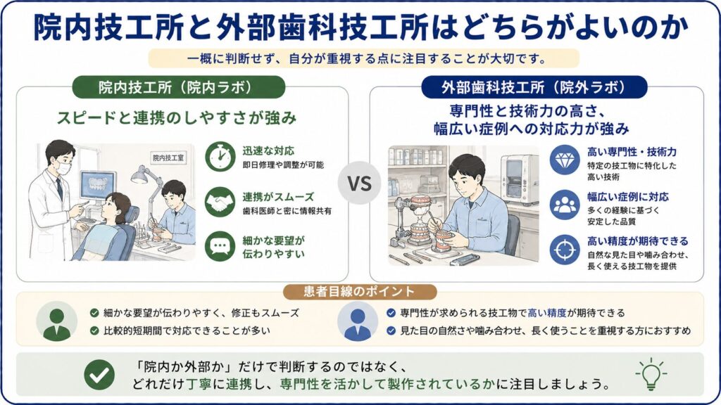 院内技工所と外部歯科技工所の強みを比較した図解