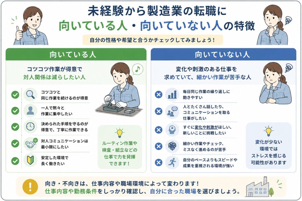 製造業に向いている人と向いていない人の特徴を示した図解