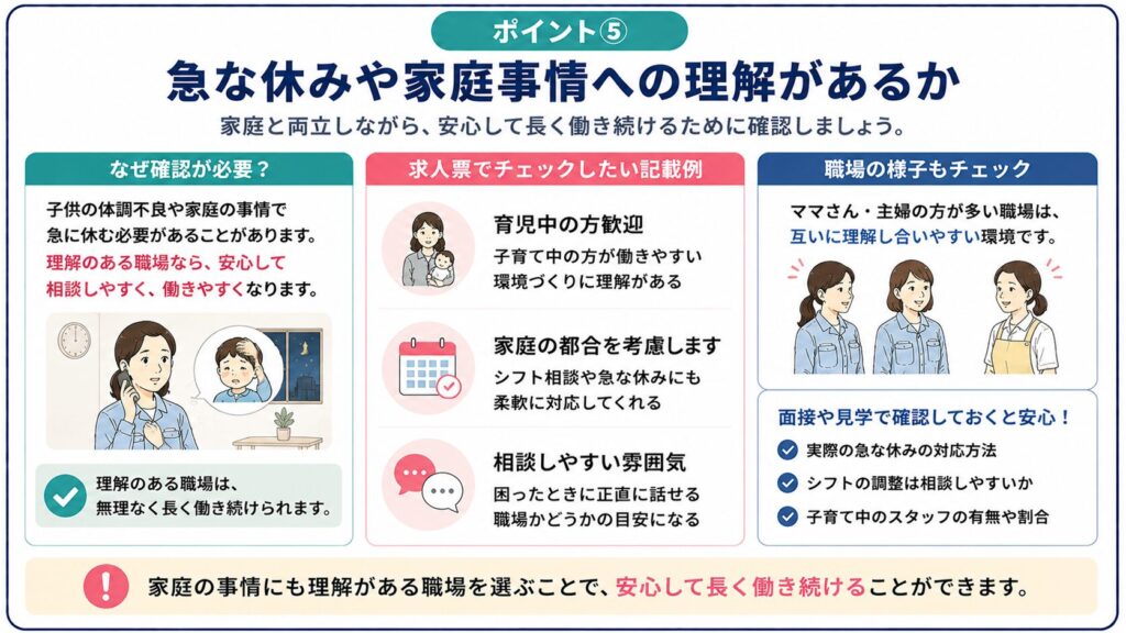 工場夜勤で急な休みや家庭事情への理解がある職場か確認する図解