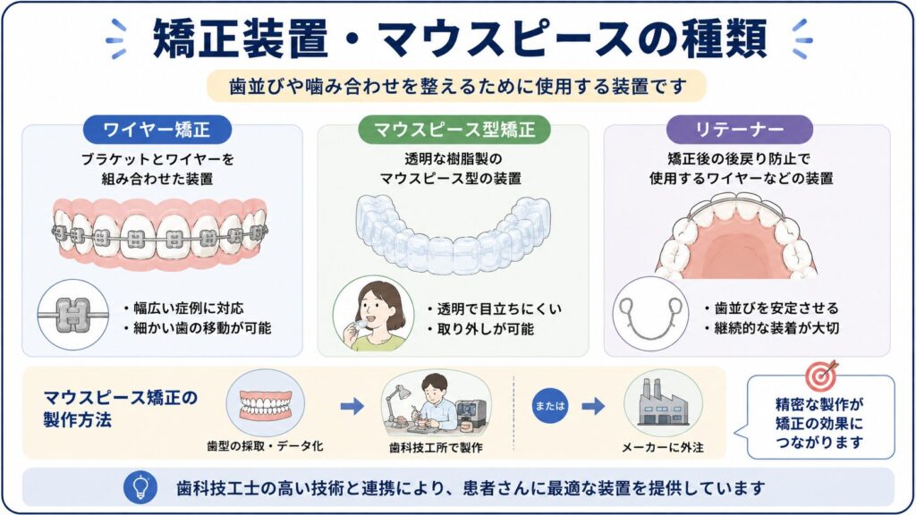 ワイヤー矯正とマウスピース矯正などの種類を示した図解