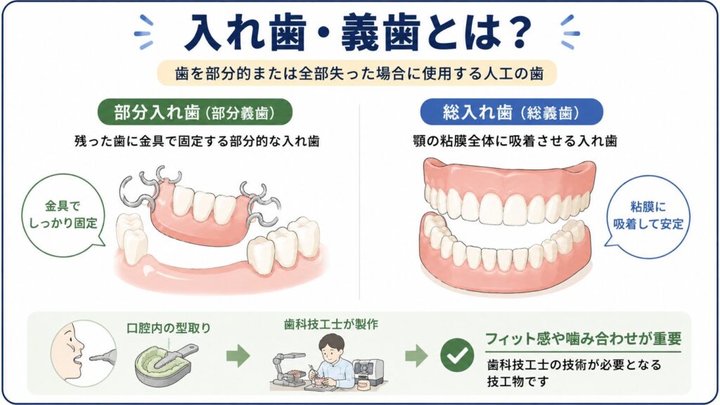 部分入れ歯と総入れ歯の違いを示した図解