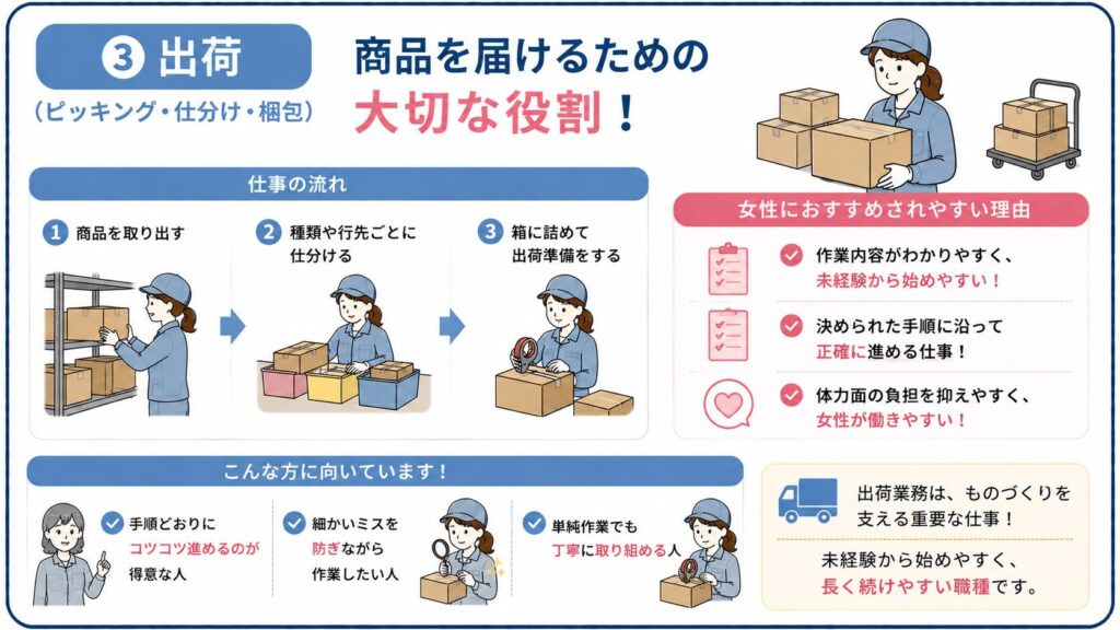 出荷作業が未経験女性でも始めやすいことを示した図解