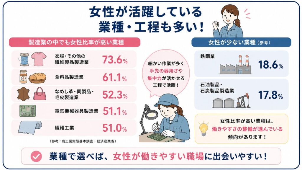 女性比率が高い製造業の業種を示した図解