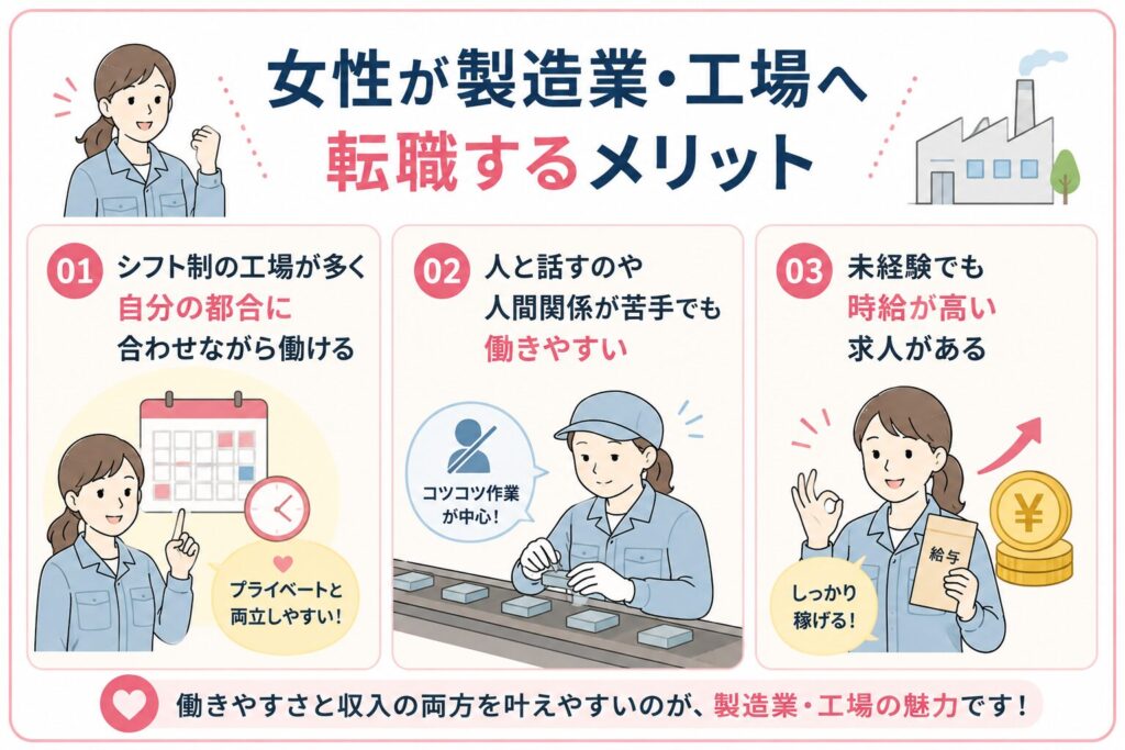 女性が製造業へ転職するメリット3つを示した図解