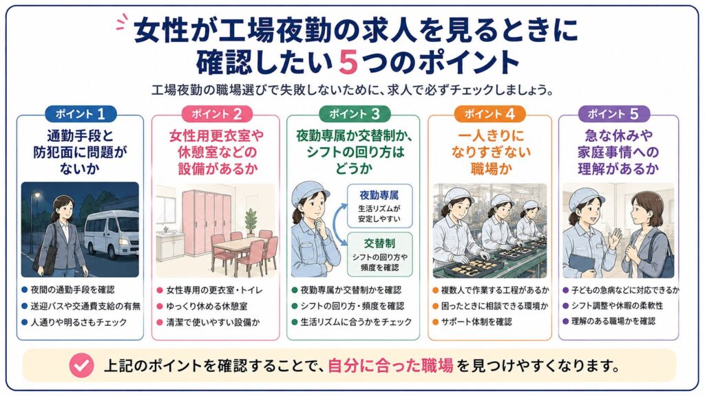 女性が工場夜勤の求人を見るときに確認したい5つのポイントを整理した図解