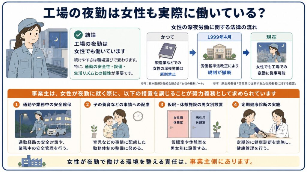 女性が工場夜勤で働く際の法律や職場環境整備を整理した図解