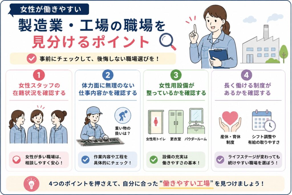 女性が働きやすい工場を見分けるポイントを示した図解