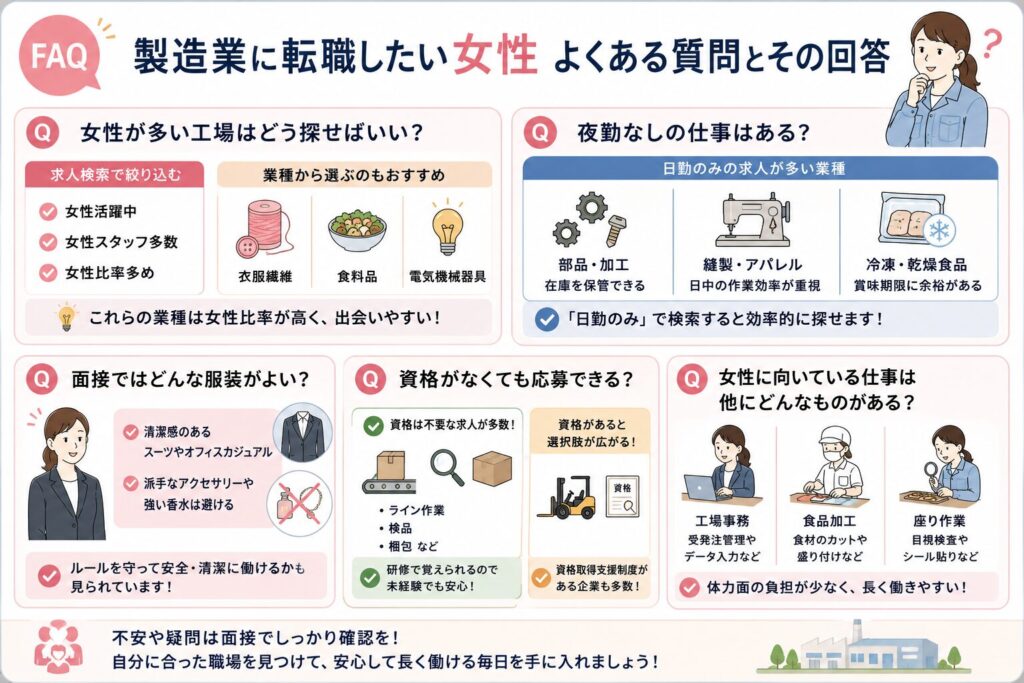 女性の製造業転職でよくある質問をまとめた図解
