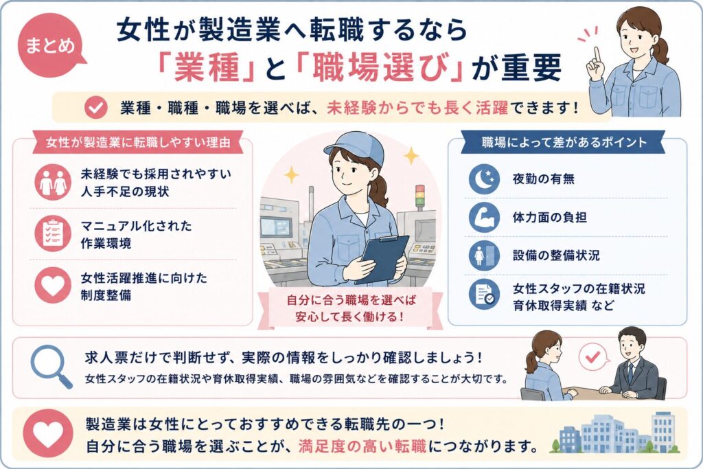 女性が製造業へ転職する際の重要ポイントをまとめた図解