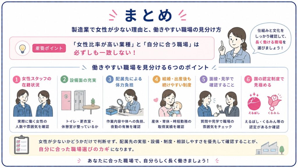 女性向け製造業の職場選びポイントをまとめた図解